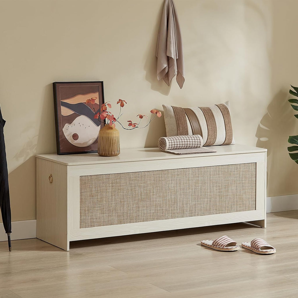 51.2" Storage Chest Large,Wooden Rattan Storage Bench.(White Cream)