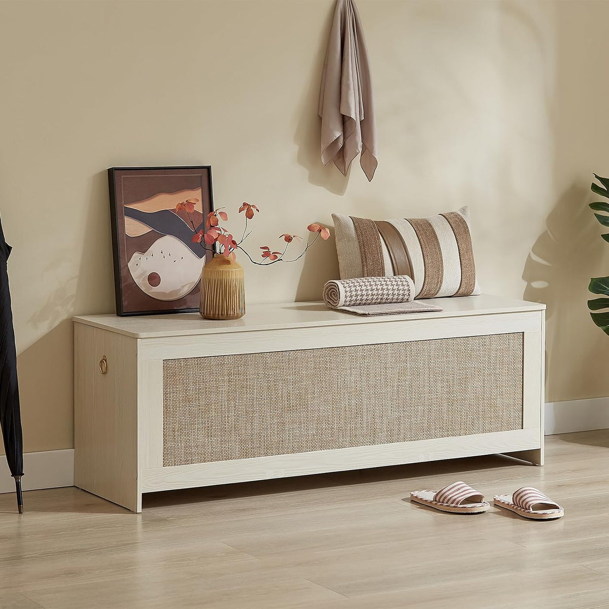 51.2" Storage Chest Large,Wooden Rattan Storage Bench.(White Cream)