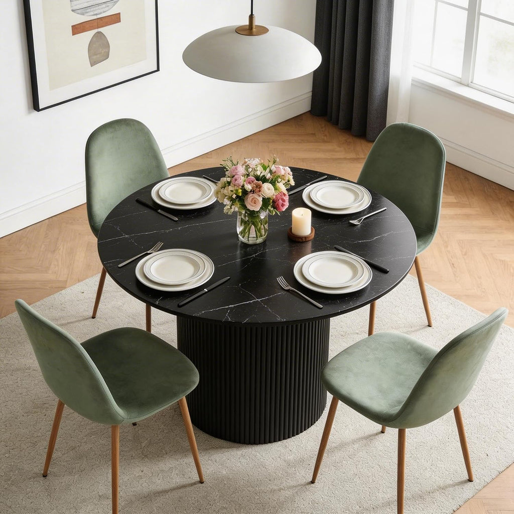 Dining Table Set for 4, Mid Century Modern 47 Inch Black Marble-Look Wooden Round Dining Table Set, Space Saving (Table + 4 Green Chairs)
