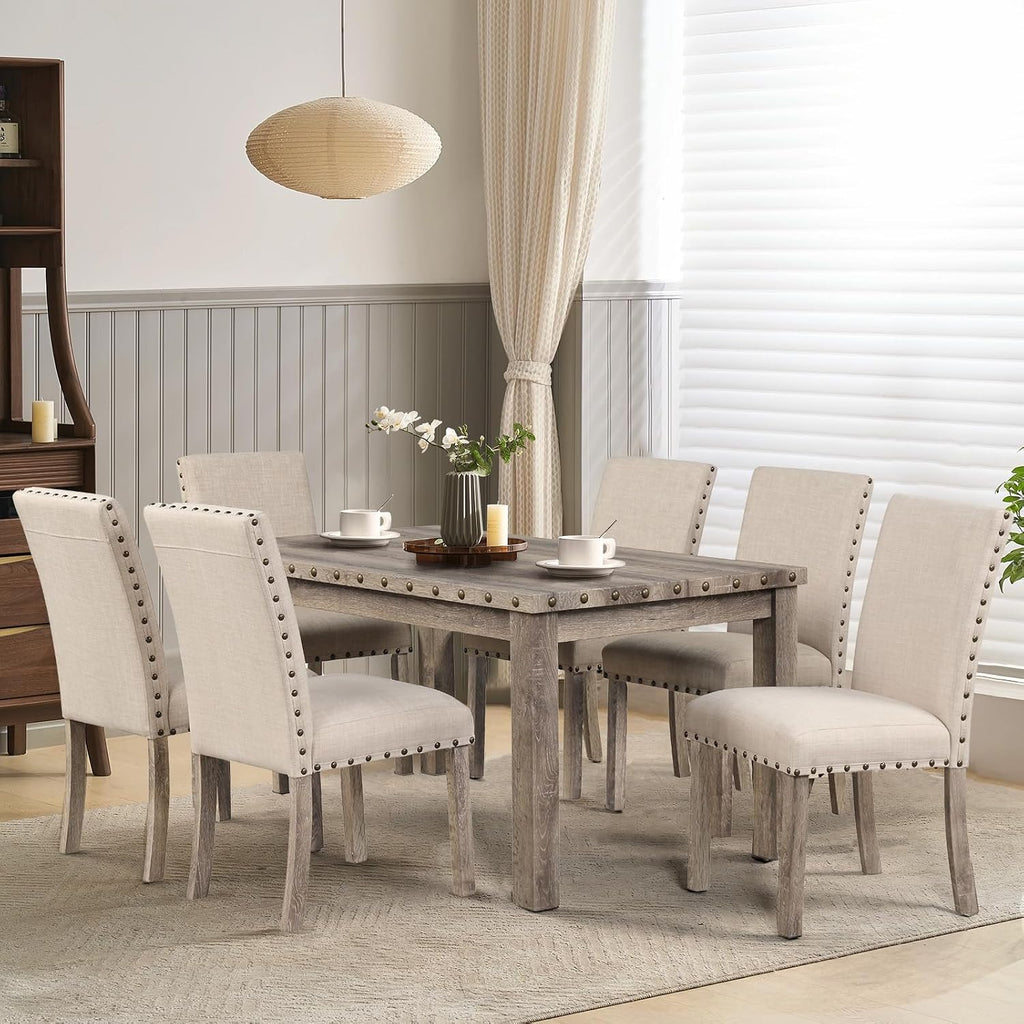 Modern Fort 7-Piece Farmhouse Dining Table Set for 6, 60" Rectangular Wood Dining Table with 6 Upholstered Chairs, Nailhead Trim, Kitchen Table with Chairs Set for Dining Room & Breakfast Nook