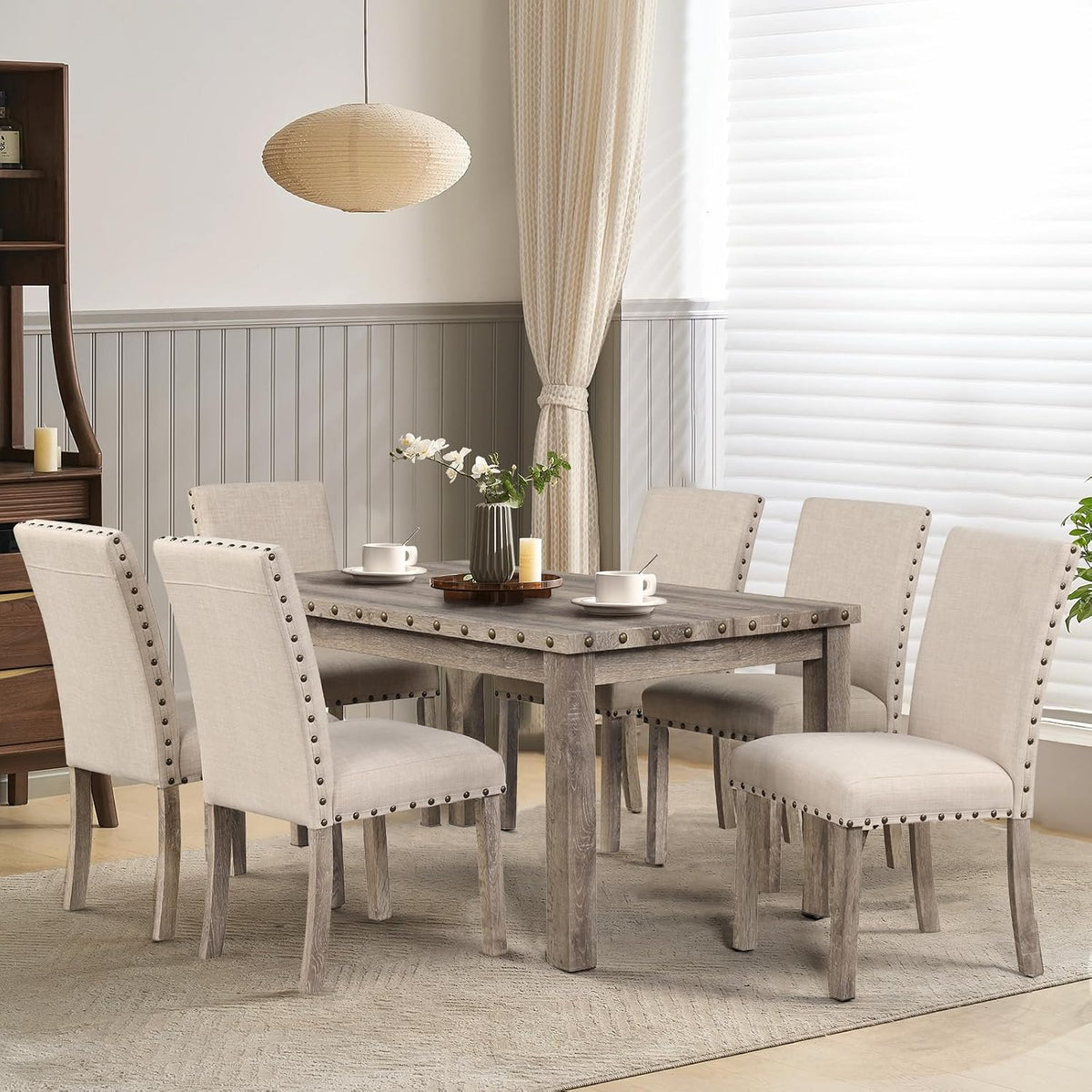 Modern Fort 7-Piece Farmhouse Dining Table Set for 6, 60" Rectangular Wood Dining Table with 6 Upholstered Chairs, Nailhead Trim, Kitchen Table with Chairs Set for Dining Room & Breakfast Nook