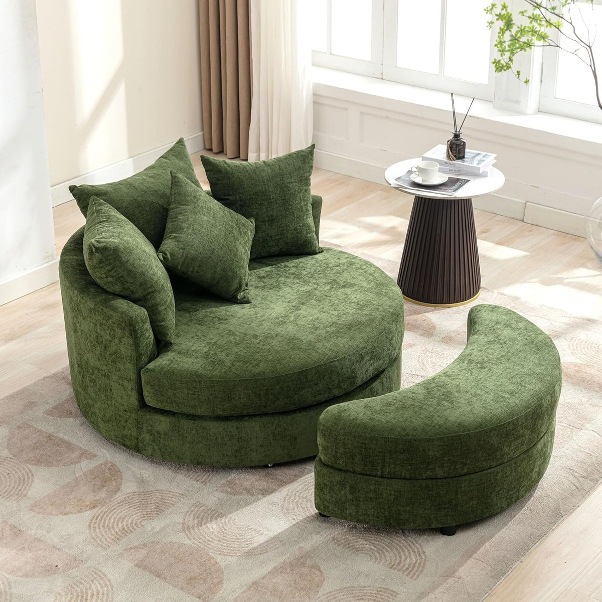 Merax 360° Swivel Barrel Chair with Half Moon Storage Ottoman, Oversized Leisure Round Single Sofa Large Chaise Lounge with 4 Pillows, Comfy Linen Upholstered Accent Arm Chairs for Living Room, Green