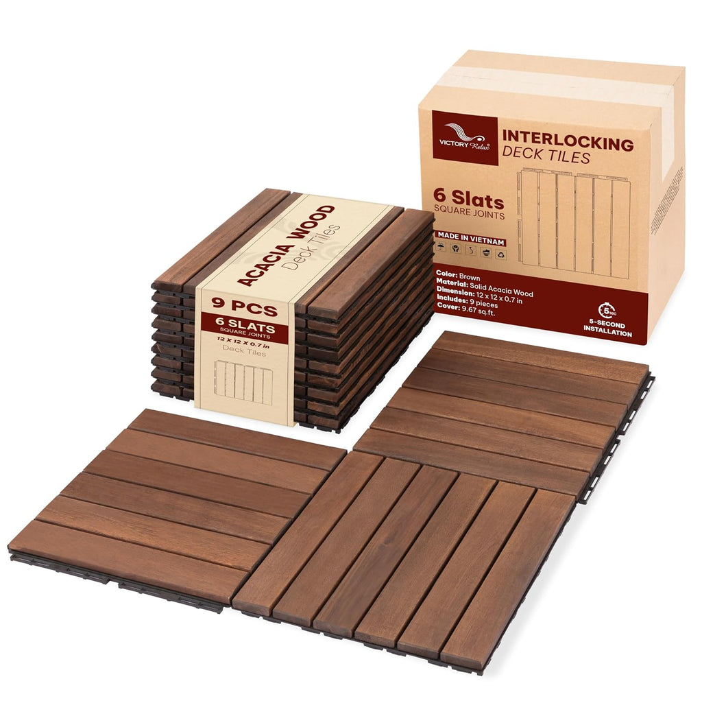 Acacia Interlocking Deck Tiles, 9 PCS Wood Flooring, 6 Slats, Walnut