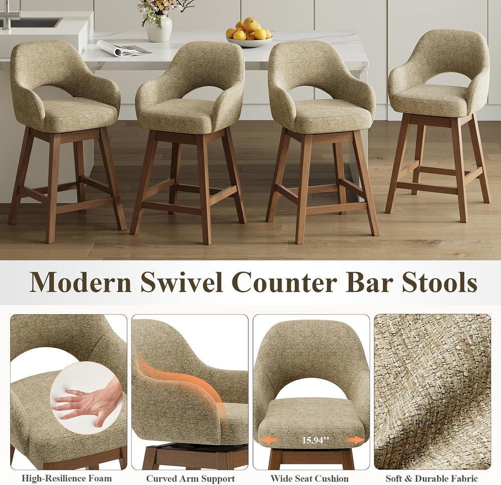 Swivel Bar Stools Set of 2, Modern Fabric Upholstered Counter Height Stools w...
