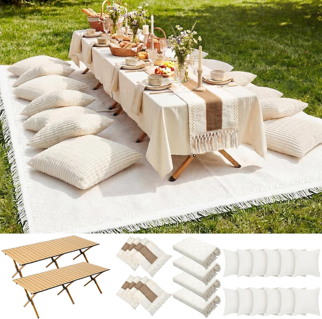 Novabright 20 Pcs Boho Picnic Set with Table Blanket Runner,Pillow Covers