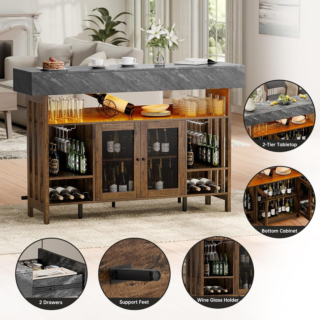 Loomie 63" Brown Bar Table Cabinet with LED, Drawers & Footrest for Home