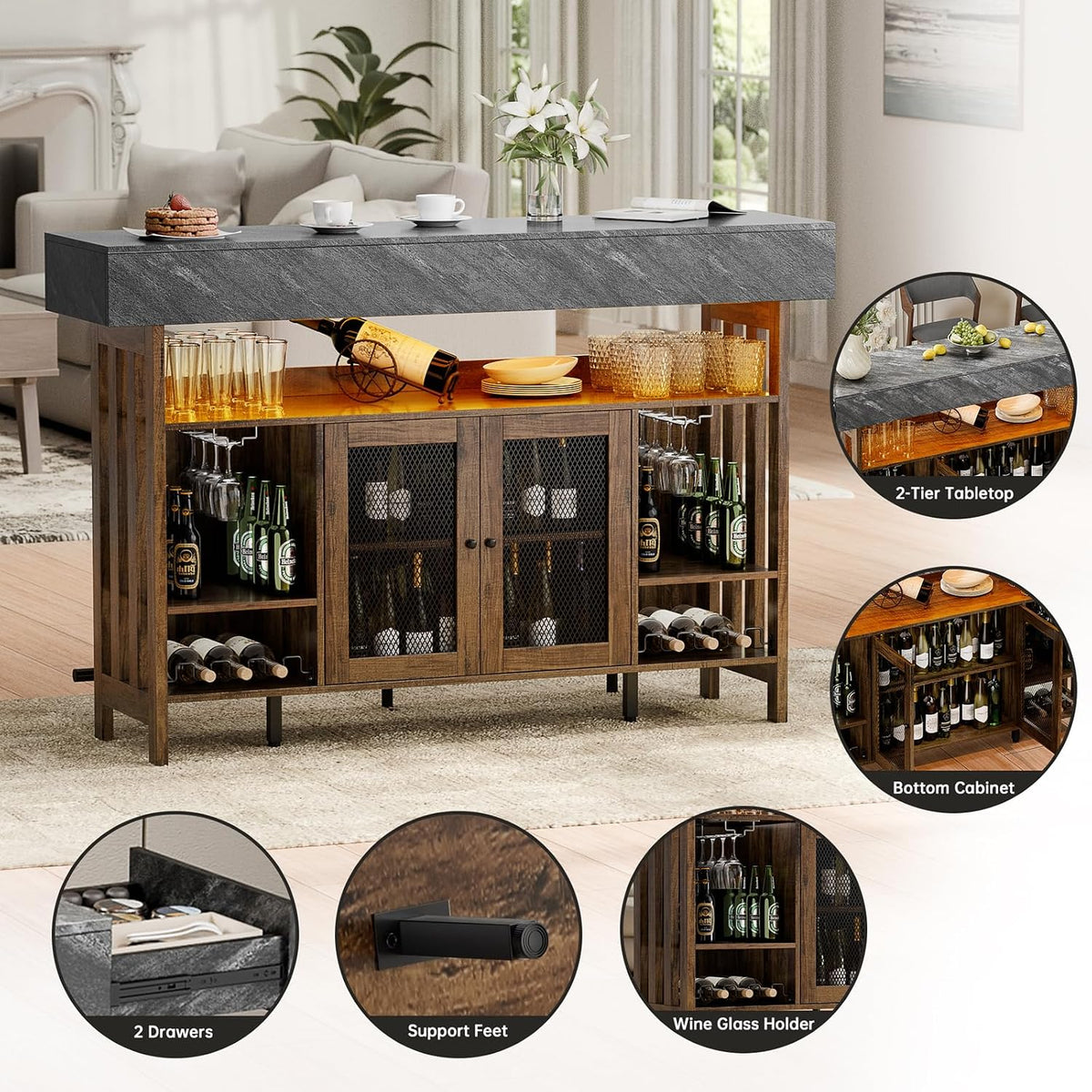 Loomie 63" Brown Bar Table Cabinet with LED, Drawers & Footrest for Home