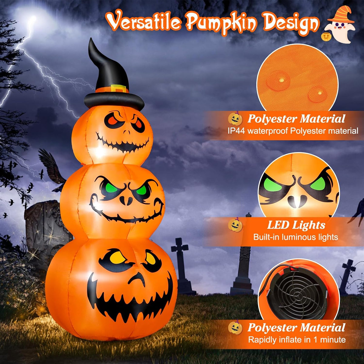 FunFanso 6 FT Halloween Inflatable Pumpkins Outdoor Yard Decorations, Blow up Pumpkins with Witch’s Hat and Bright LED Lights, Spooky Stacked Pumpkins for Garden Lawn Porch Holiday Indoor Party Home