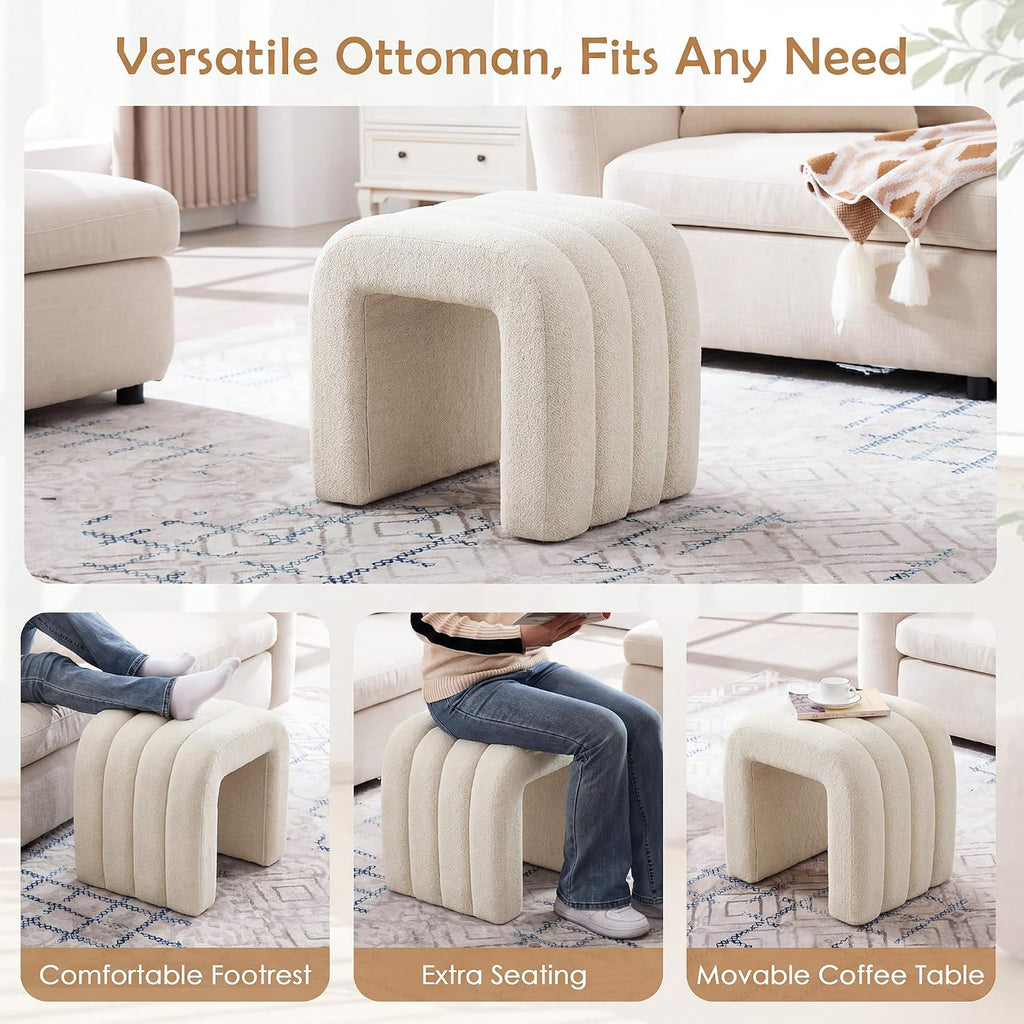 Beige Linen Ottoman Stool, Small Vanity Stool