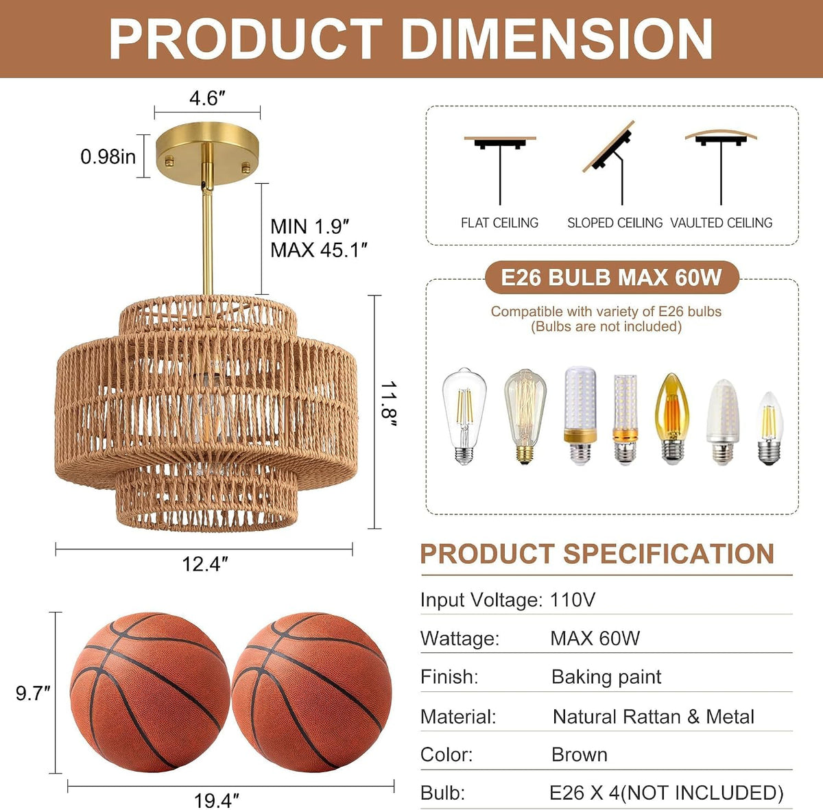 12.4" Rattan Pendant Light,1-Light Boho Chandelier Light Fixture Farmhouse Rattan Hanging Ceiling Lighting Fixture for Dining Room, Living Room, Kitchen Island, Bedroom, Hallway, Foyer