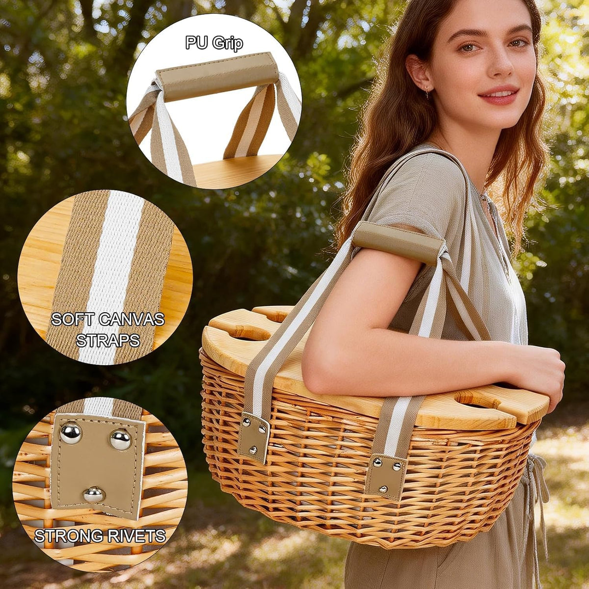 Wicker Picnic Baskets Set for 4 with Wine Table for Family, Beige