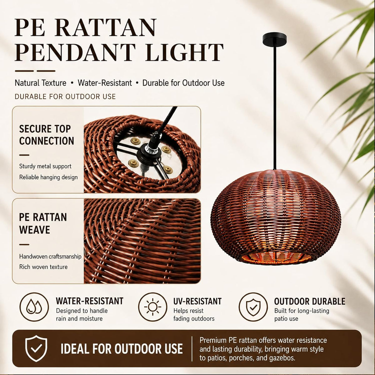 24 inch outdoor rattan pendant light for balcony on a desk or shelf