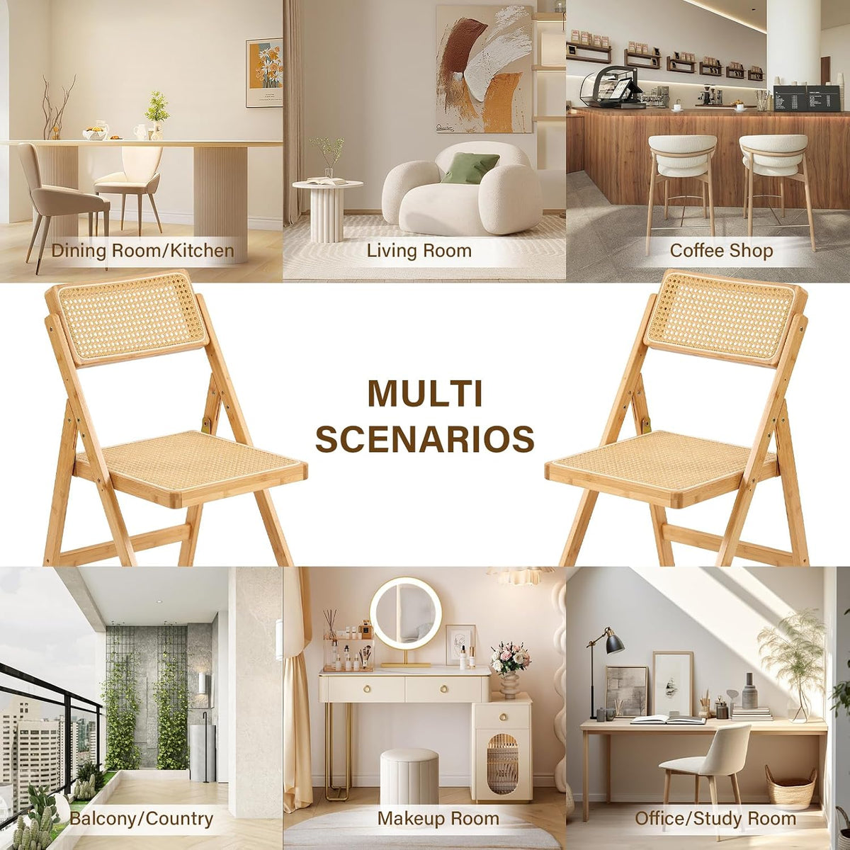 Furlide Rattan Folding Chair, Bamboo Dining Chair for Kitchen, Wood