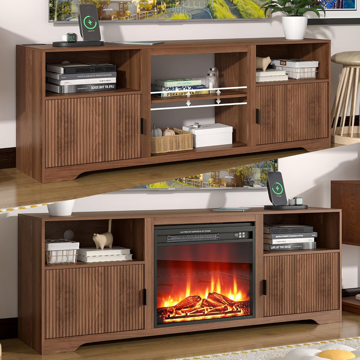 Fireplace TV Stand for Tvs up to 80" with Adjustable Shelf Charging Station