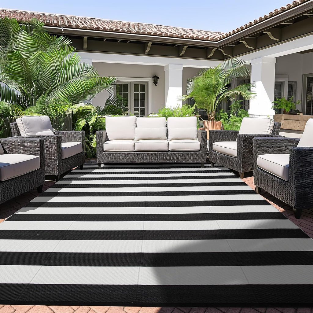Outdoor Rug 6 x9 ft, Plastic Rug for Patio, Black & White