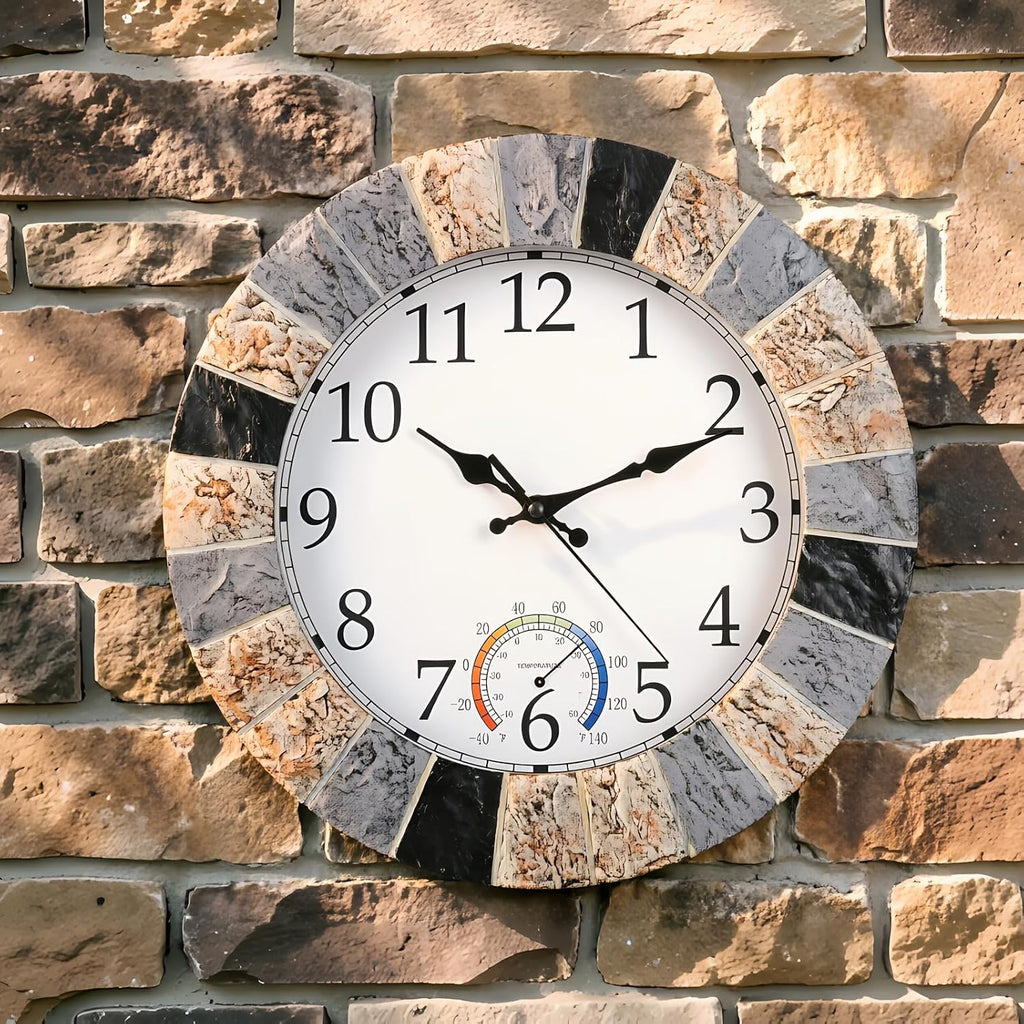 Outdoor Clock Waterproof with Thermometer, 13 Inch Silent Rustic Resin Wall Clock Weatherproof Decor for Patio Pool Garden Porch, Faux-Stone Brown