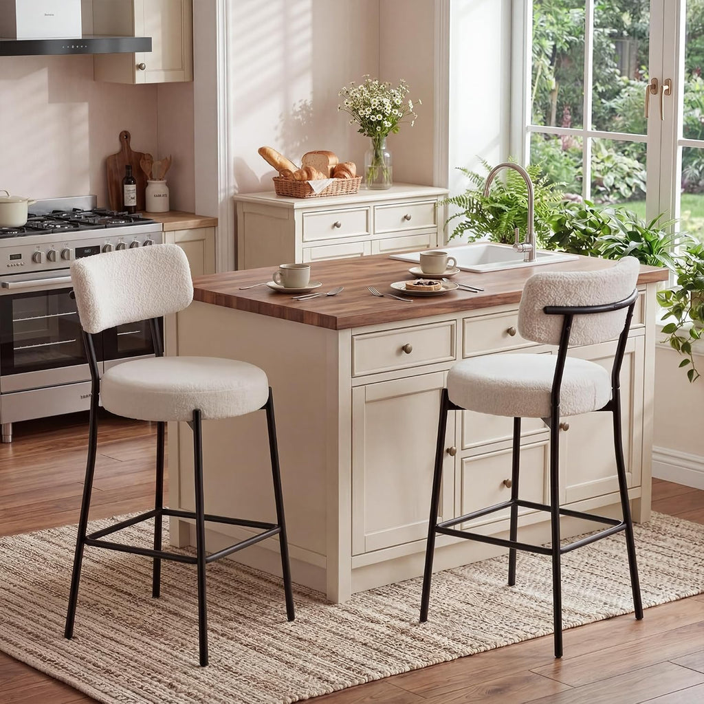 Bar Stools Set of 2, 26" White Boucle Fabric Kitchen Island Chairs