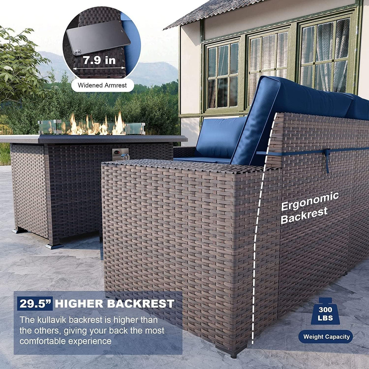 Kullavik 7 Piece Outdoor Wicker Patio Furniture Set with Fire Pit Table