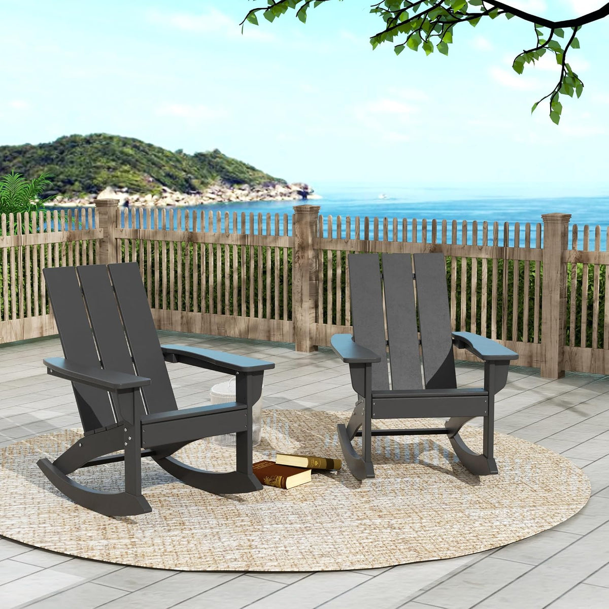 HDPE Shoreside Modern Rocking Poly Adirondack Chair (Set of 2),Gray