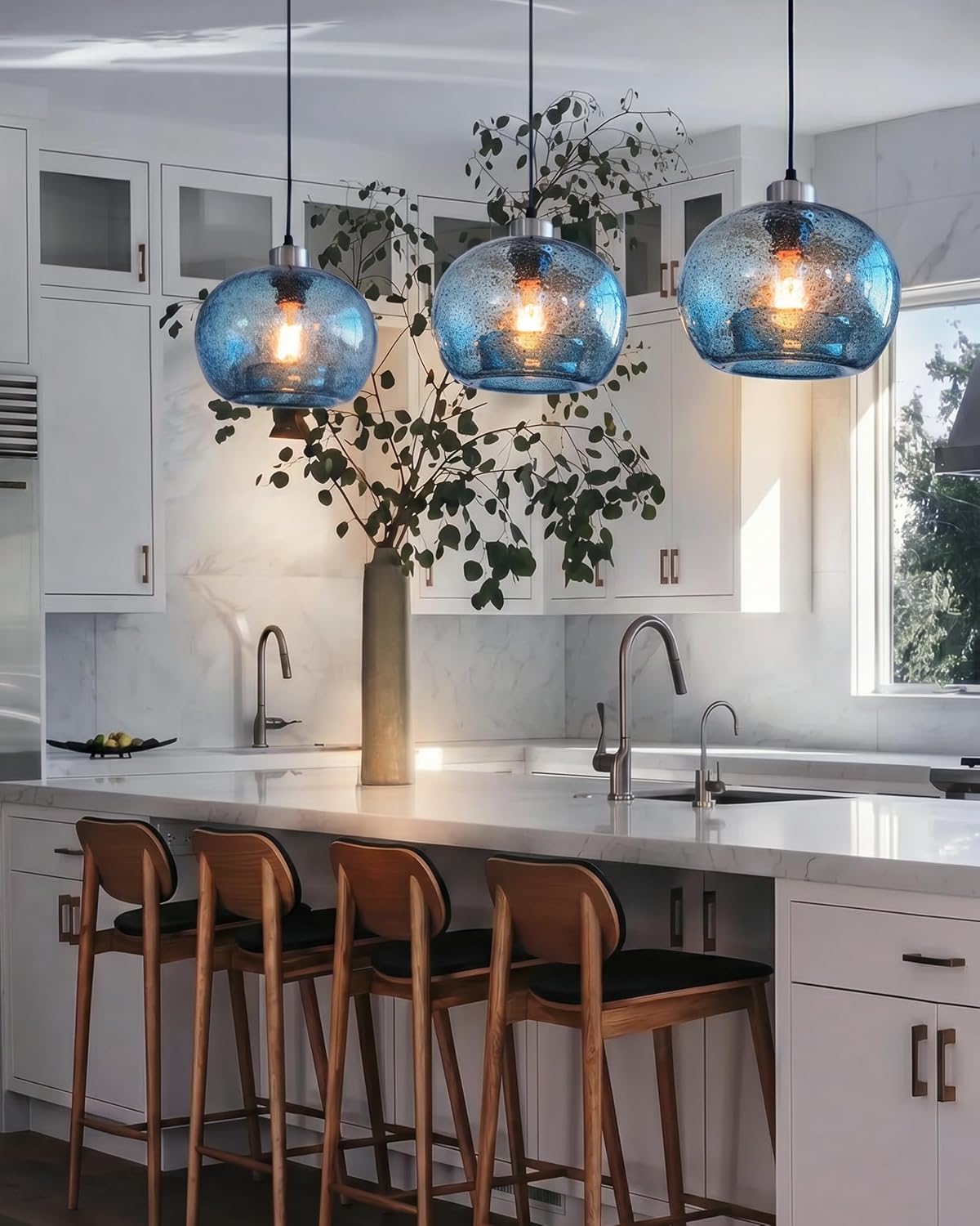 CASAMOTION Blue Pendant Light, Hand Blown Glass,Brushed Nickel, 8.7 Inch