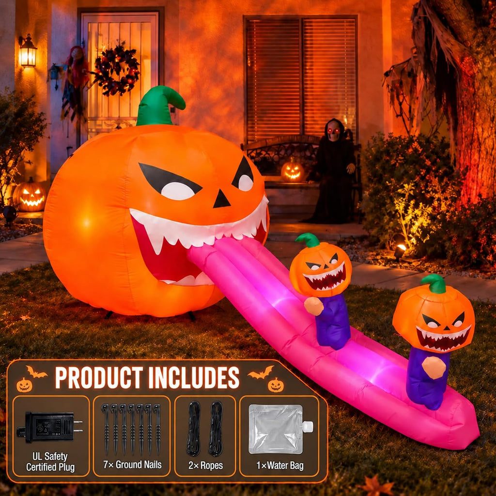 9FT Halloween Inflatables Pumpkin Outdoor Decorations, Blow Up Inflatable Giant Pumpkin Monster with Long Tongue and LEDs for Yard, Lawn, Garden, Porch and Party Deco