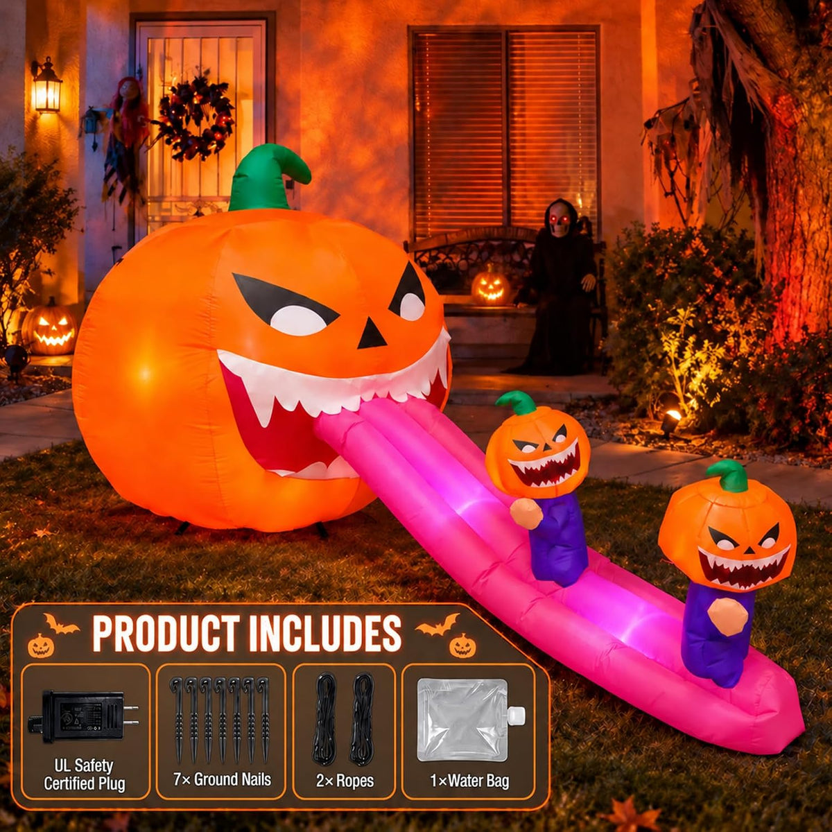 9FT Halloween Inflatables Pumpkin Outdoor Decorations, Blow Up Inflatable Giant Pumpkin Monster with Long Tongue and LEDs for Yard, Lawn, Garden, Porch and Party Deco