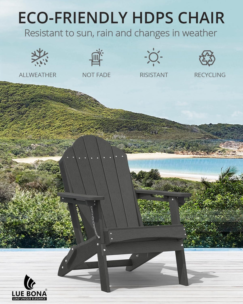 LUE BONA HDPE Folding Adirondack Chair, Cup Holder, Set of 4, Black