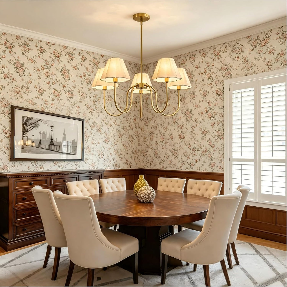 Brass Gold Chandeliers for Dining Room, 28"Light Adjustable Antique Modern Gold Chandelier Light Fixture with Scalloped Linen Fabric Shade, Classic Kitchen Pendant Lights over Table for Bedroom