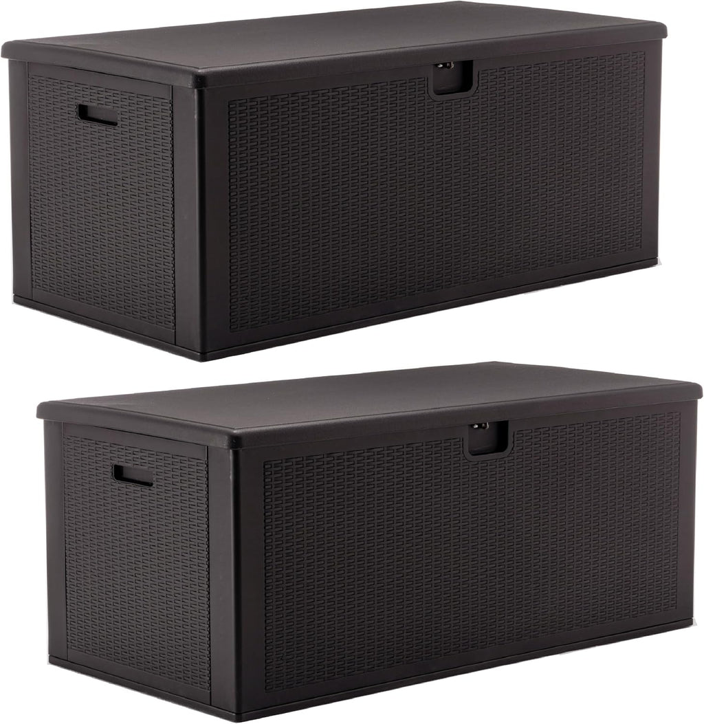 BTExpert Set of 2, 150 Gallon Extra Large Deck Box Outdoor Storage Container for Patio Furniture Cushions Garden Tools Pool Supplies Sports Equipment Waterproof Lockable Steel Rod Metal insert