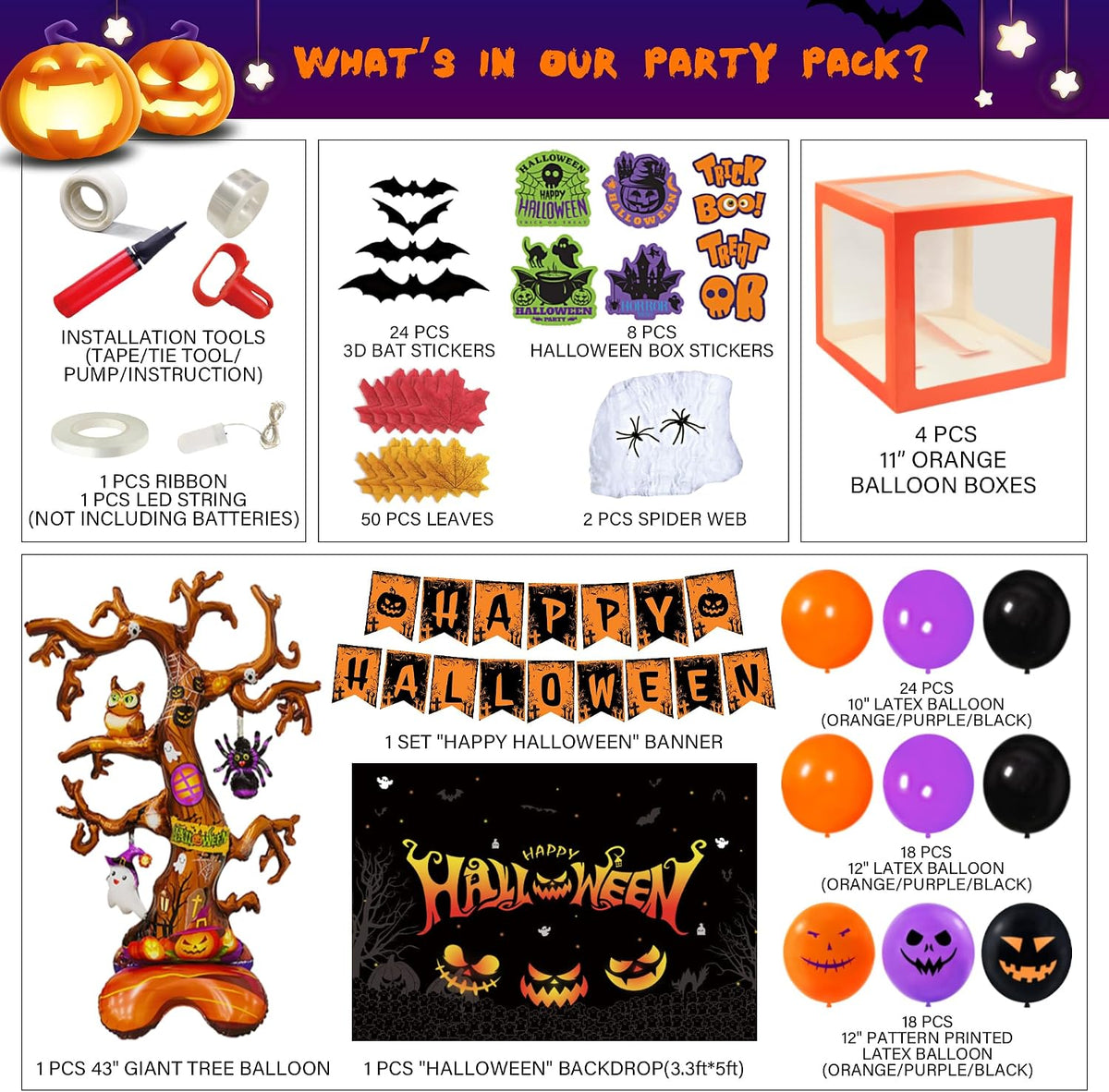157 Pcs Halloween Party Decorations Kit, 43" Giant Tree Balloon, 4 Balloon Boxes, Happy Halloween Banner, 60 pcs Balloons, Artificial Leaves