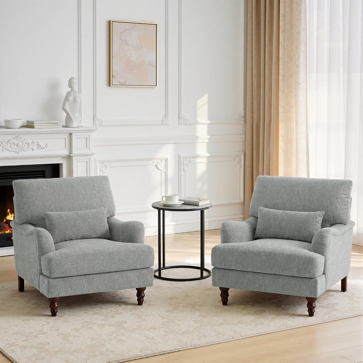 Accent Chairs Set of 2, Chenille Armchair with Lumbar Pillow, Light Gray