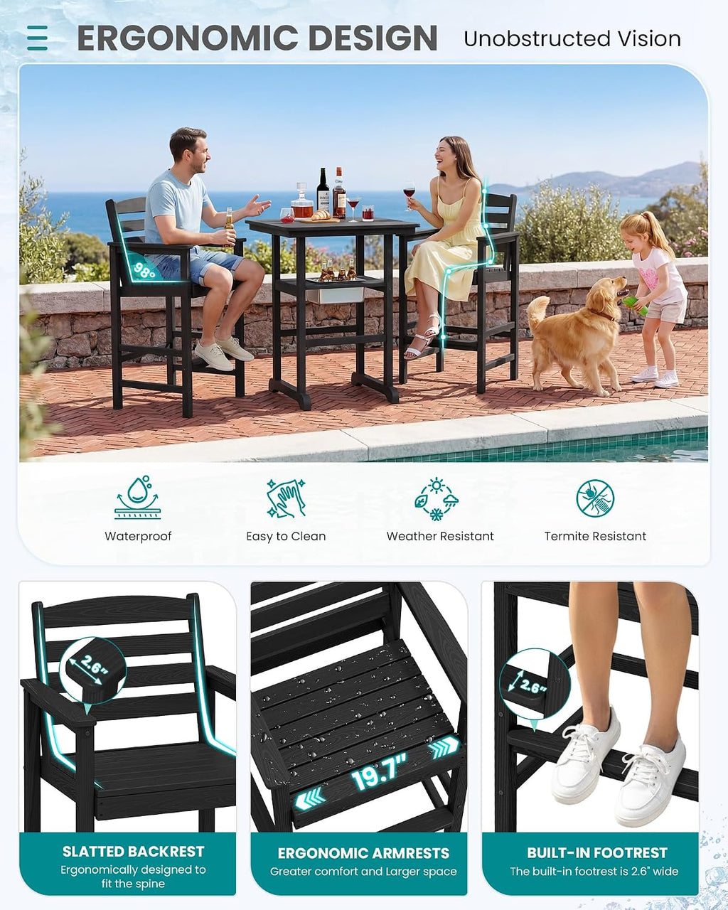 SERWALL 8 Pieces Outdoor Bar Chairs Table with Ice Bucket Set, Black