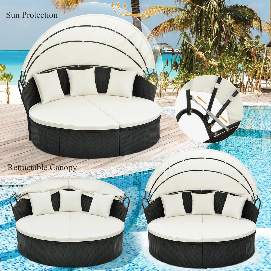 LIFEZEAL Rattan Sun Island with Sun Canopy, Garden Lounger Sun Lounger with Cushion, 5-Piece Lounge Set with Foldable Rain Cover, Garden Lounge Patio Furniture up to 360 kg (White, 168 x 180 x 157 cm)
