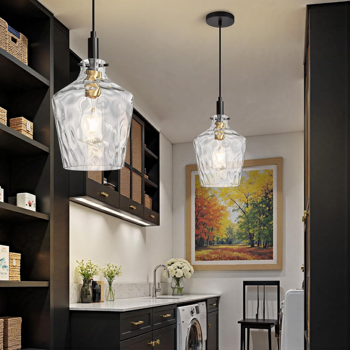 Hammered Glass Pendant Light for Kitchen Island 1 Pack Black Gold 8 Inch