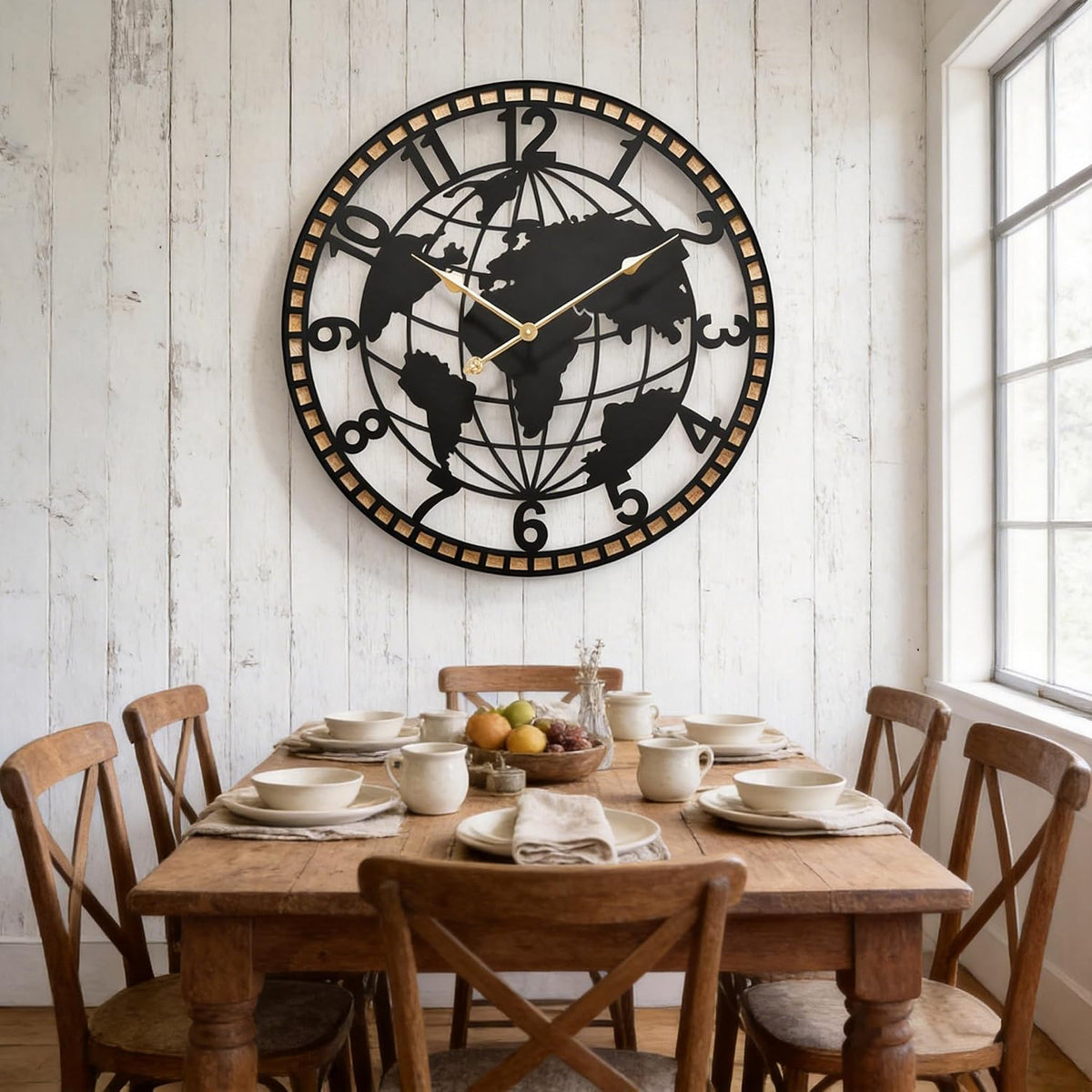 Large World Map Wall Clock 24 Inch,Non-Ticking Metal Decorative Wall Clock, Silent Battery Operated Wall Clock for Living Room, Office,Kitchen & Dining Room Wall Decor