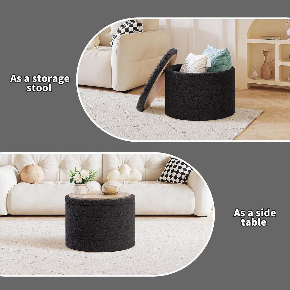 PINPLUS Round Storage Ottoman, Foldable Sherpa Ottoman Footstool Storage with Coffee Table for Living Room, Bedroom, Dorm (Dark Grey)