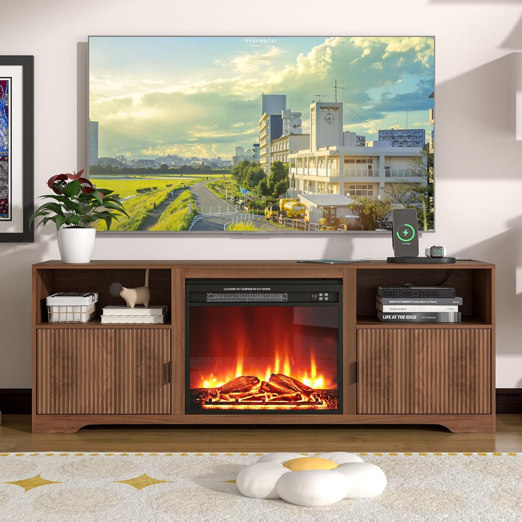 Fireplace TV Stand for Tvs up to 80" with Adjustable Shelf Charging Station