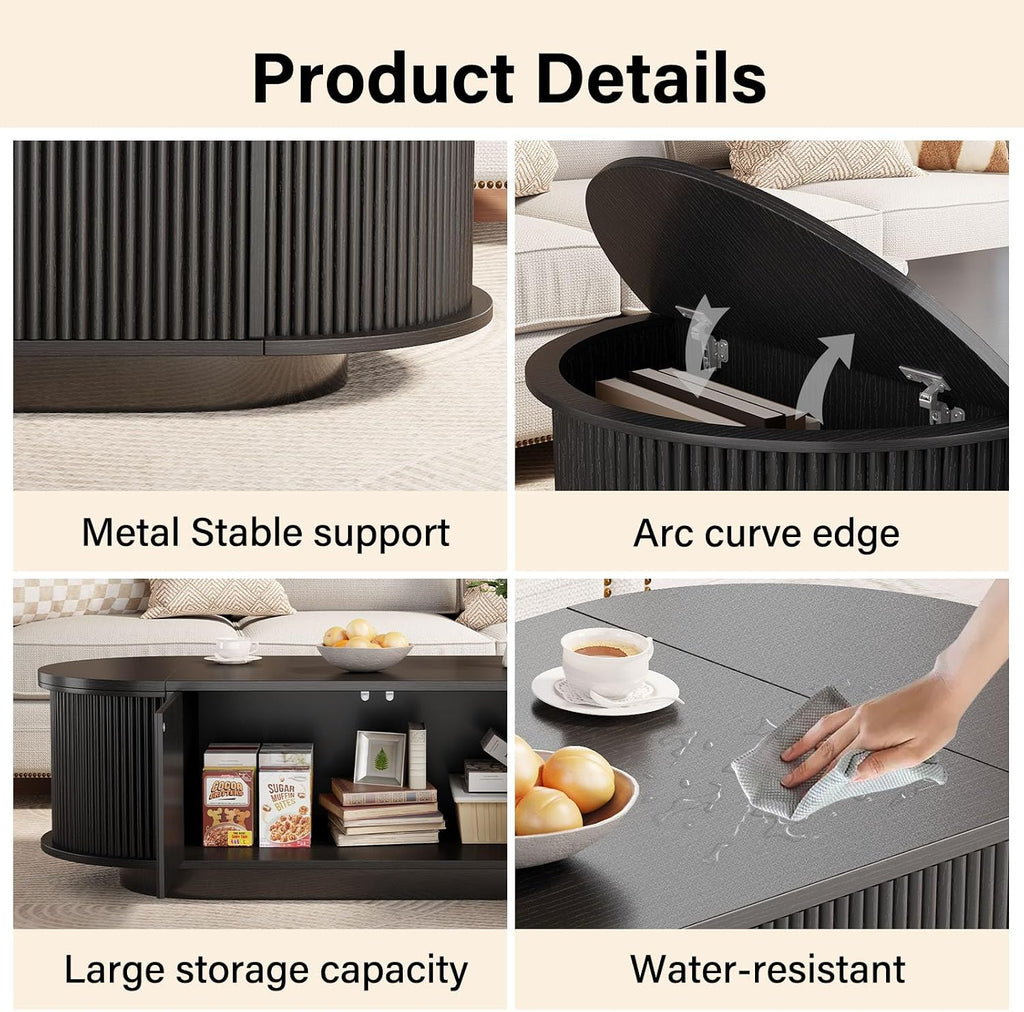 HSH 47" Oval Coffee Table with Storage, Black Coffee Table for Living Room