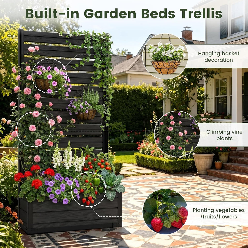 Plastic Raised Garden Bed with Trellis, 73.8"x36"x14" Planter Box for Climbing Plants, Vegetables & Vines,(Black-Louver)