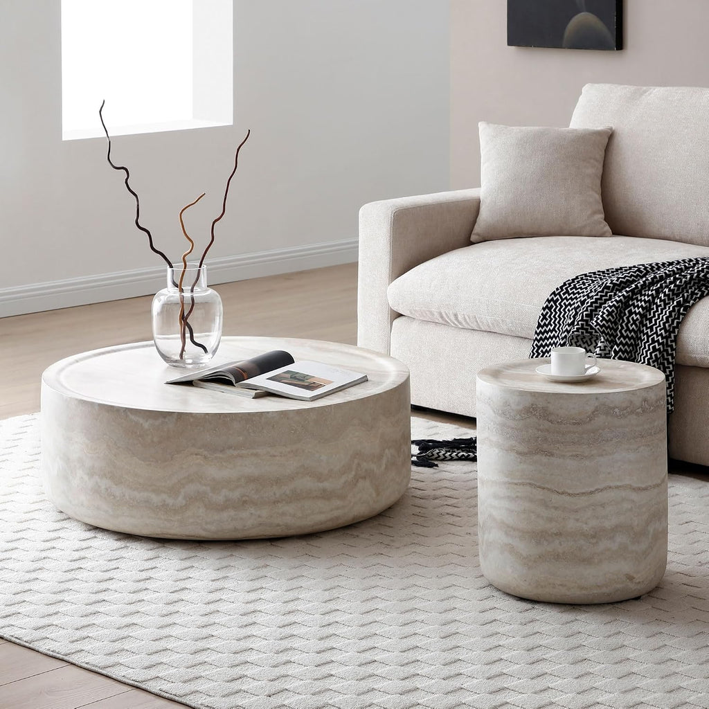 ø31.5'' Round Stone Coffee Table for Living Room, Modern Drum Circle Faux Concrete Marble Coffee Table, Fiber Glass Material, No Assembly (Mars Texture, ø31.5'' x 11.8'')