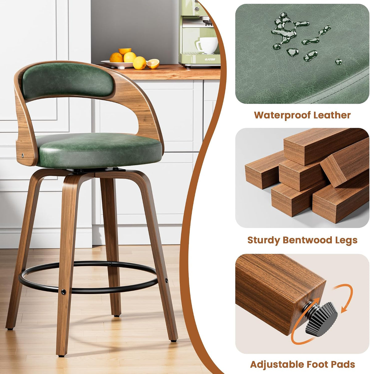 YaFiti Bar Stools Set of 3, 26" Bentwood Counter Height Barstools, Green