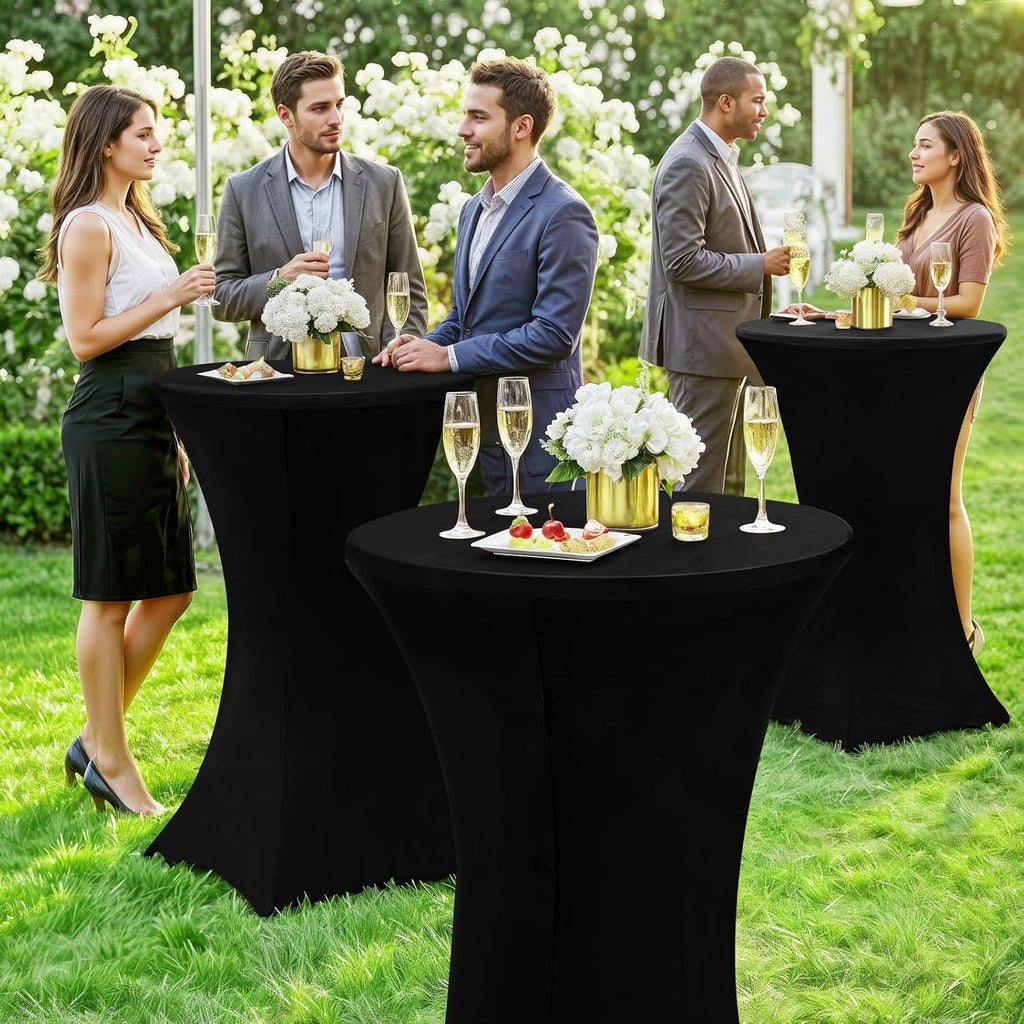 Moosfor Spandex Cocktail Table Covers 4 Pack, Elastic Fitted Stretch Table Cloth, Round High Top Tablecloths for Bar, Party, Pub, Wedding & Banquet (Black, 32x43 Inch)