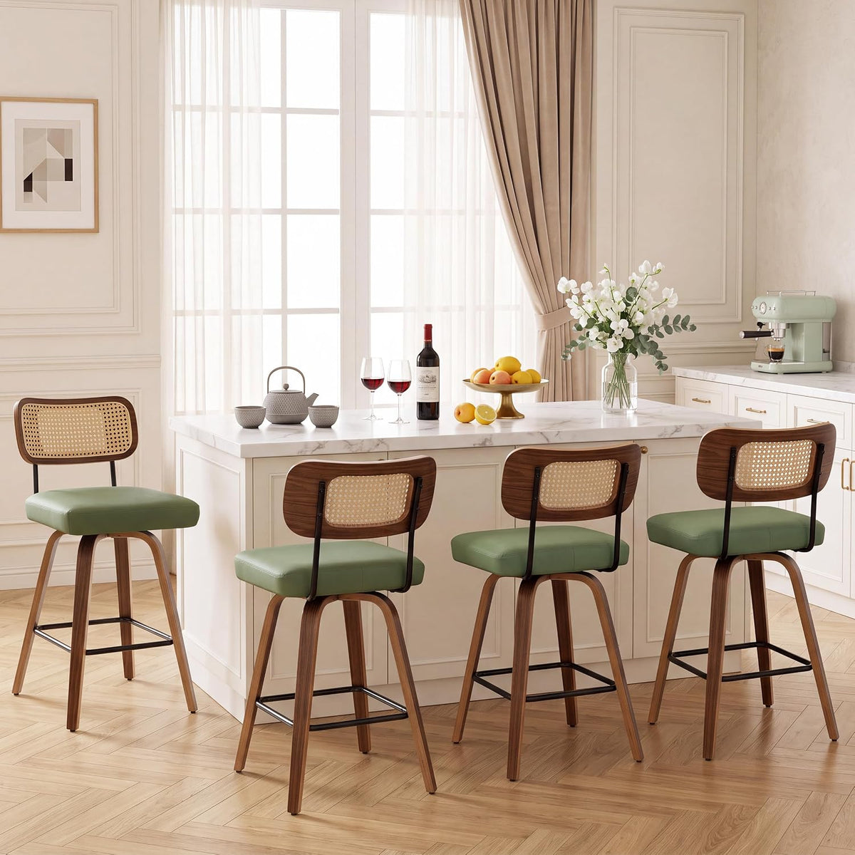 Swivel Bar Stools Set of 2, Counter Height Bar Stool with Rattan Back