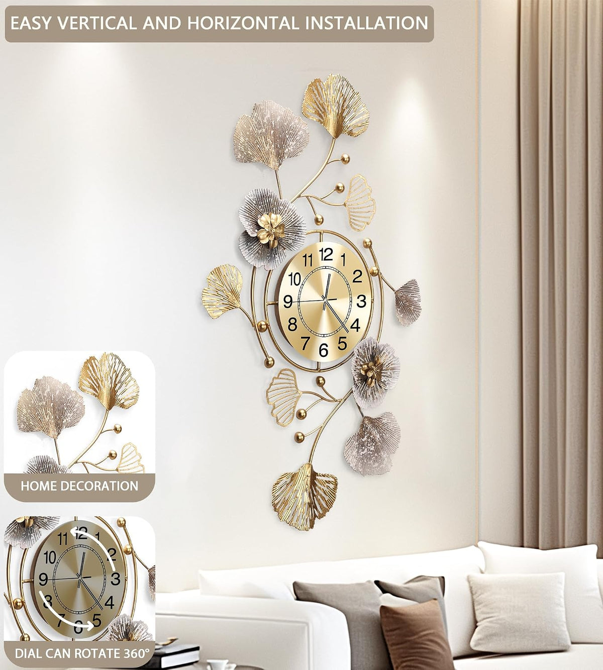 33" Modern Farmhouse Large Decorative Wall Clock, Ginkgo Metal Art