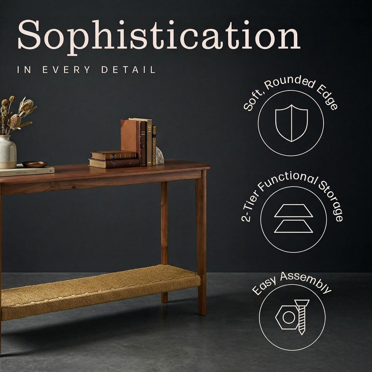 Calais Solid Wood Console Table with Woven Storage Shelf, Chestnut, 48 Inch