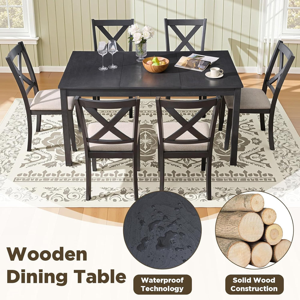 LUXOAK 7-Piece Farmhouse Kitchen Table and Chairs Set for 6, Grey & White