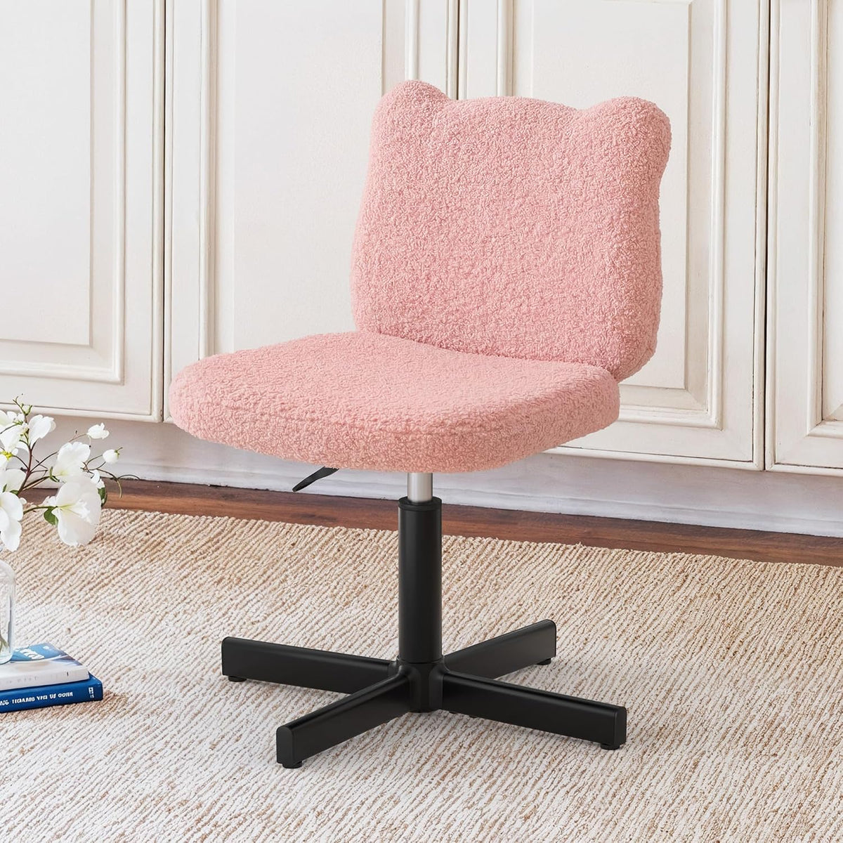 LUE BONA Cute Bear Ear Vanity Chair for Teen Girls - Height Adjustable 13.8"-18.9" Swivel Stool with Back Support, Teddy Velvet Makeup Ottoman, 300lbs, Pink
