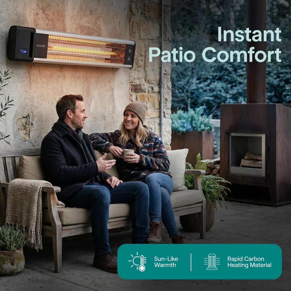 SereneLife Infrared Patio Heater, 1500W, IP65 Approved, Odorless, Wall-Mounted Heater with Remote, Indoor/Outdoor for Patio, Restaurant, Backyard, Garage, Decks