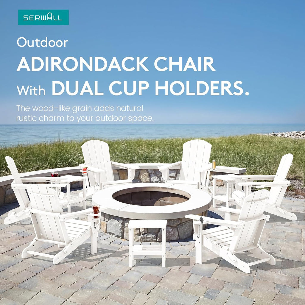 SERWALL Outdoor Adirondack Chair Set of 6 with Cup Holders,Foldable,White