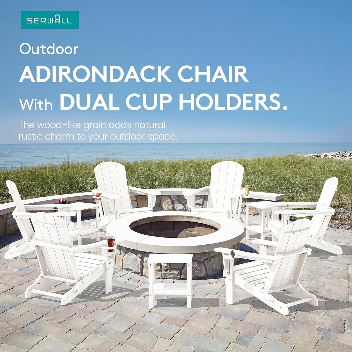 SERWALL Outdoor Adirondack Chair Set of 6 with Cup Holders,Foldable,White